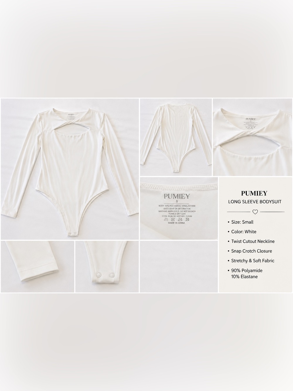 PUMIEY Women's Long-Sleeve White Bodysuit